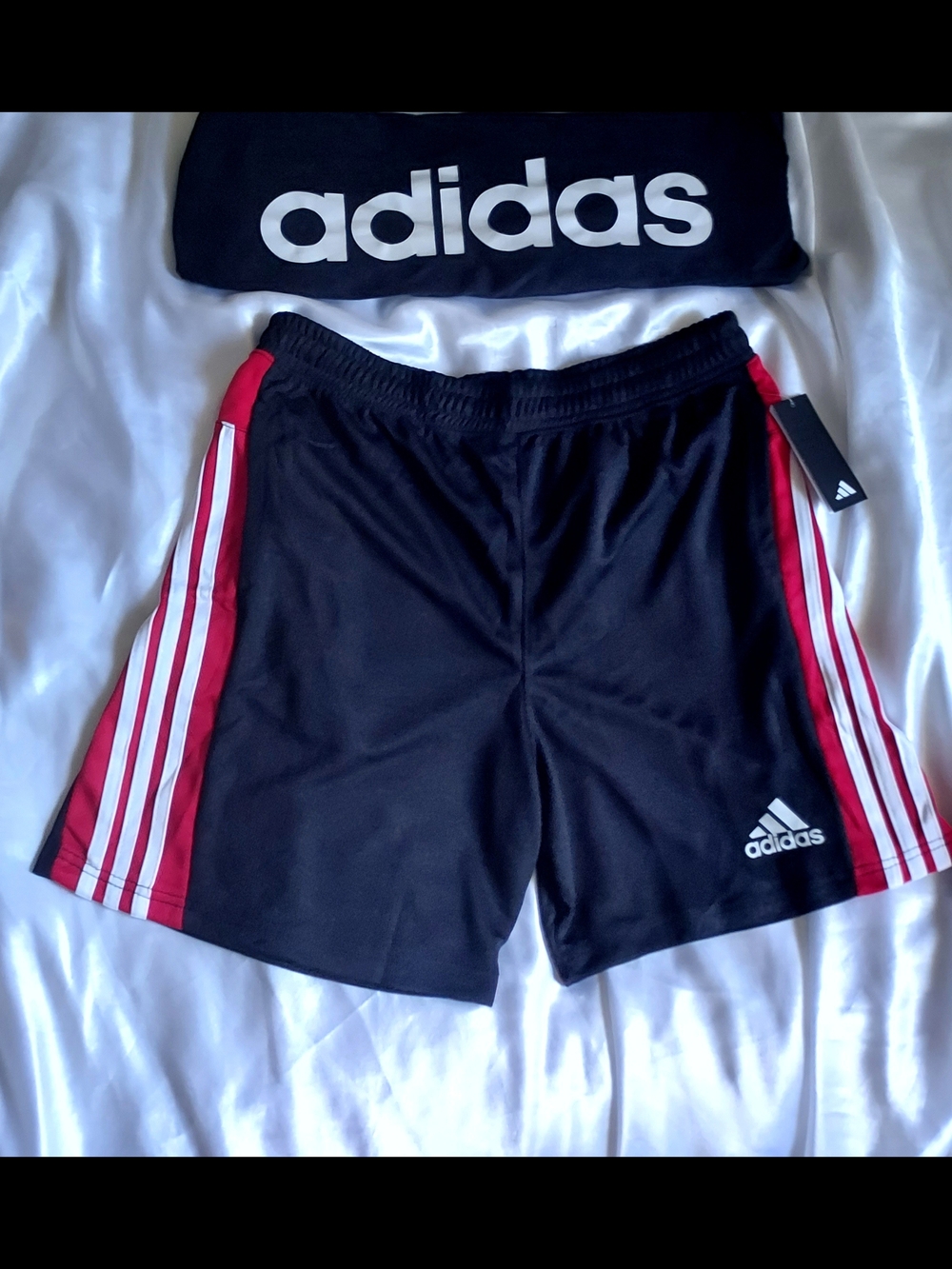 adidas Men's Black Shorts with Red Side Panels and White Stripes
